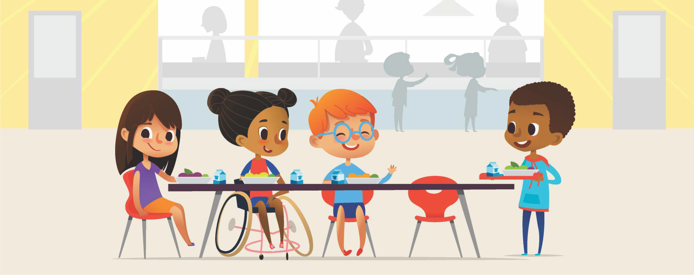 Cartoon image of student sitting at a cafeteria table