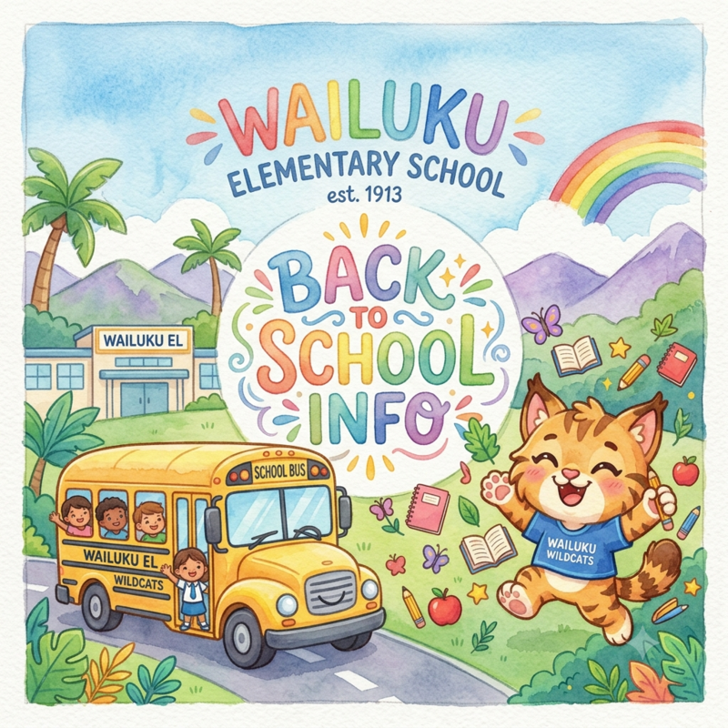 Colorful illustration of Wailuku Elementary School with a bus, rainbow, and a cute cat.