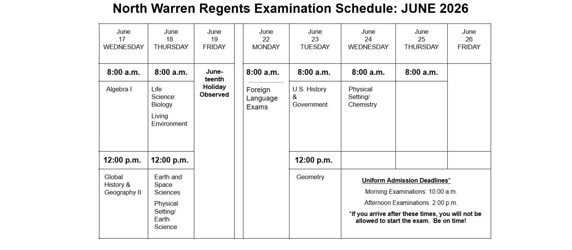 2026 North Warren Regents Exam Schedule