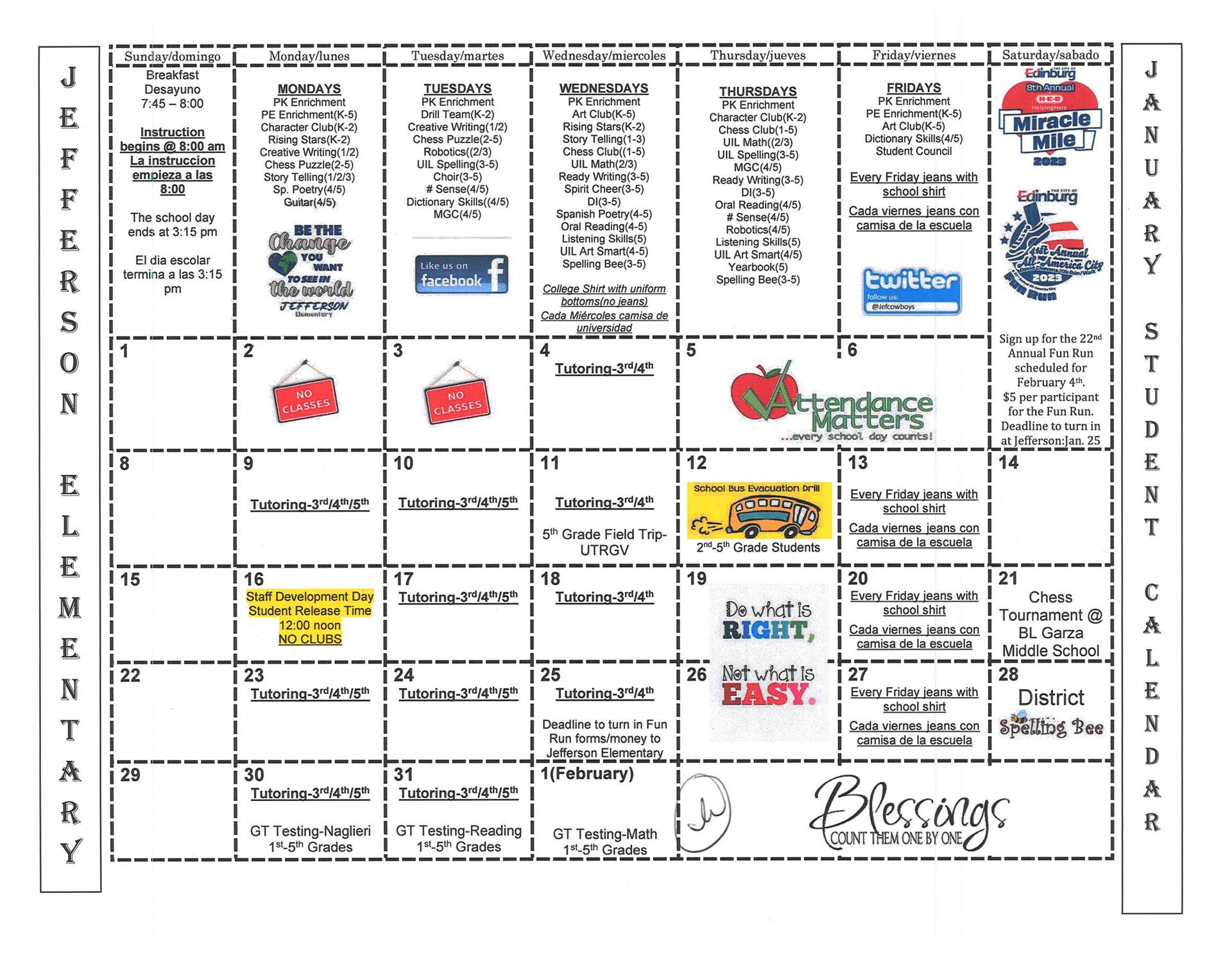 January Student Calendar