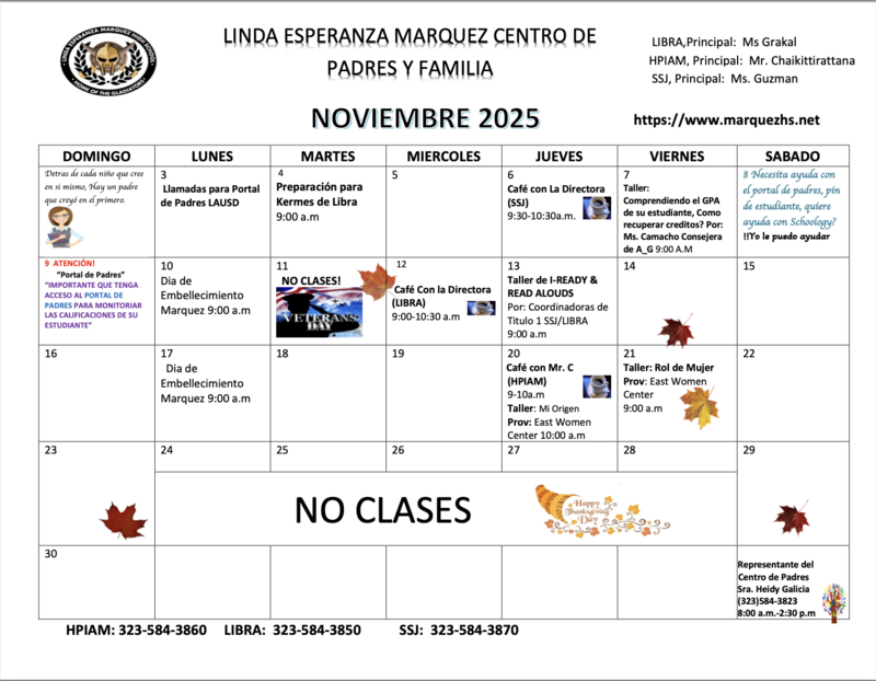 Parent Center November Calendar/ Calendario de noviembre del centro de padres