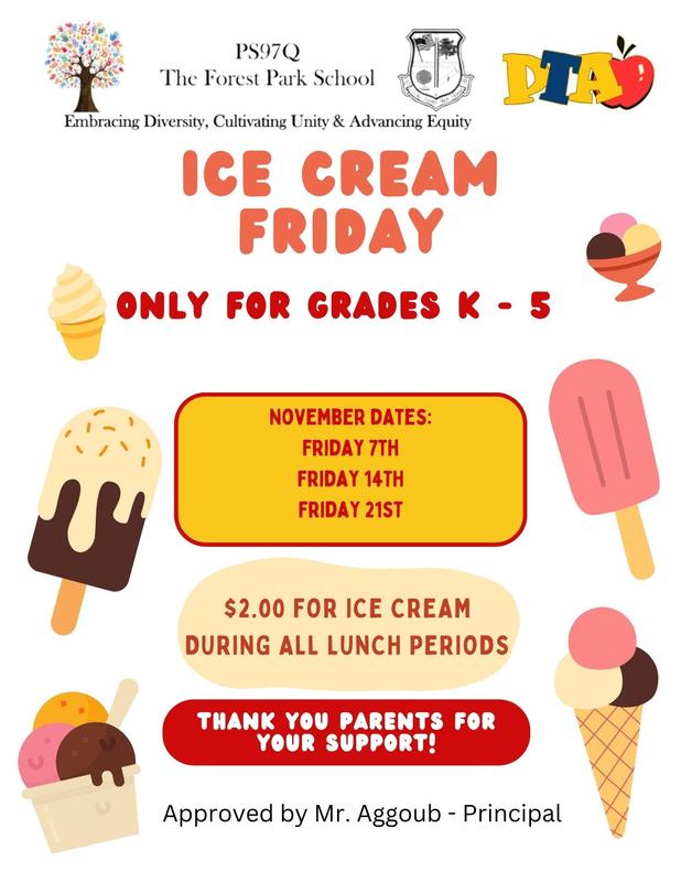 Ice cream Friday event flyer with colorful ice cream images in English.