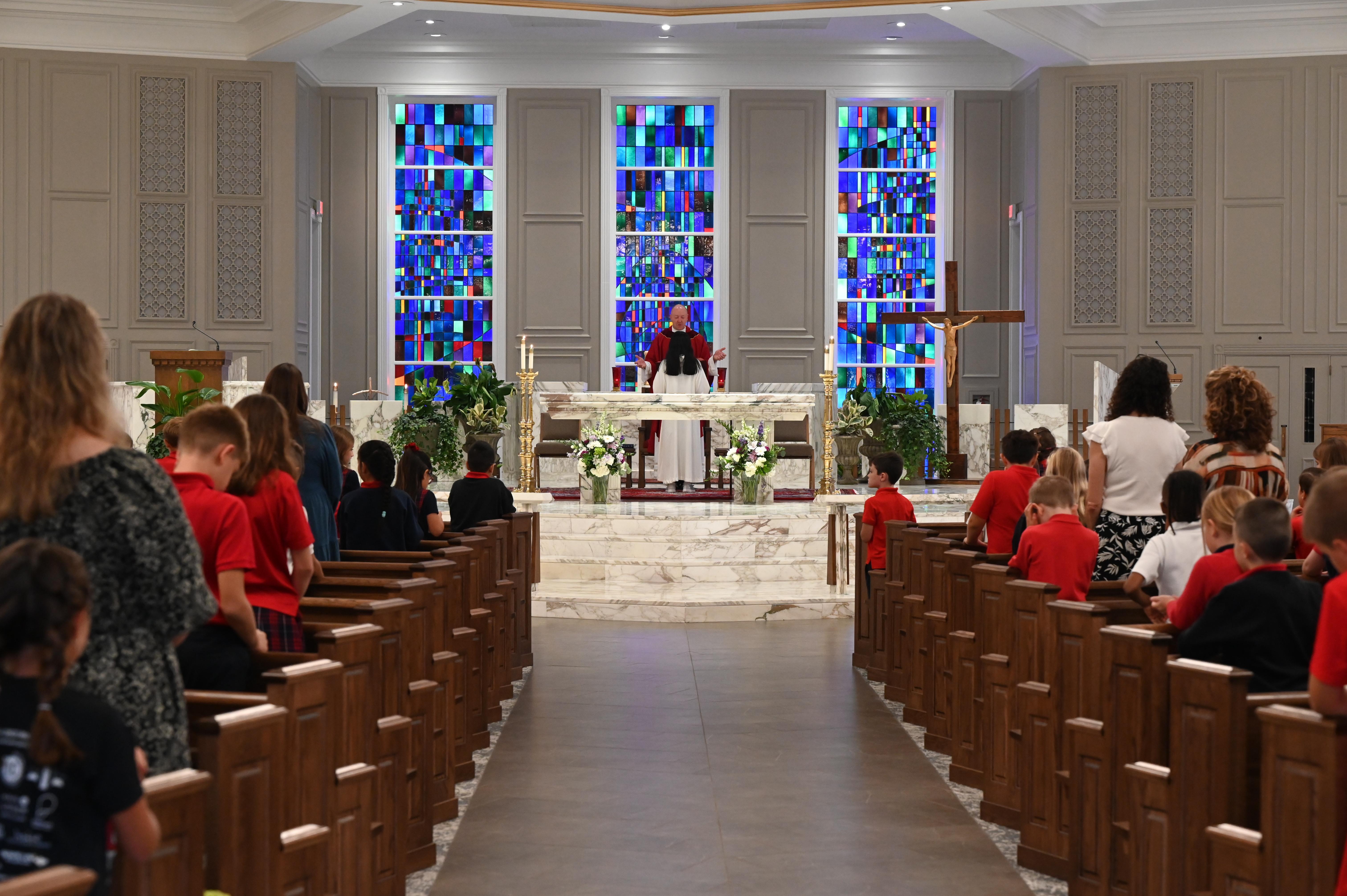 School mass looking up center aisle