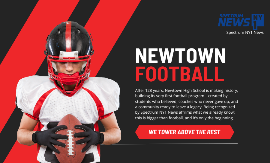 Newtown Football post celebrating Spectrum NY1 News' acknowledgement. Image of a football player holding a football.