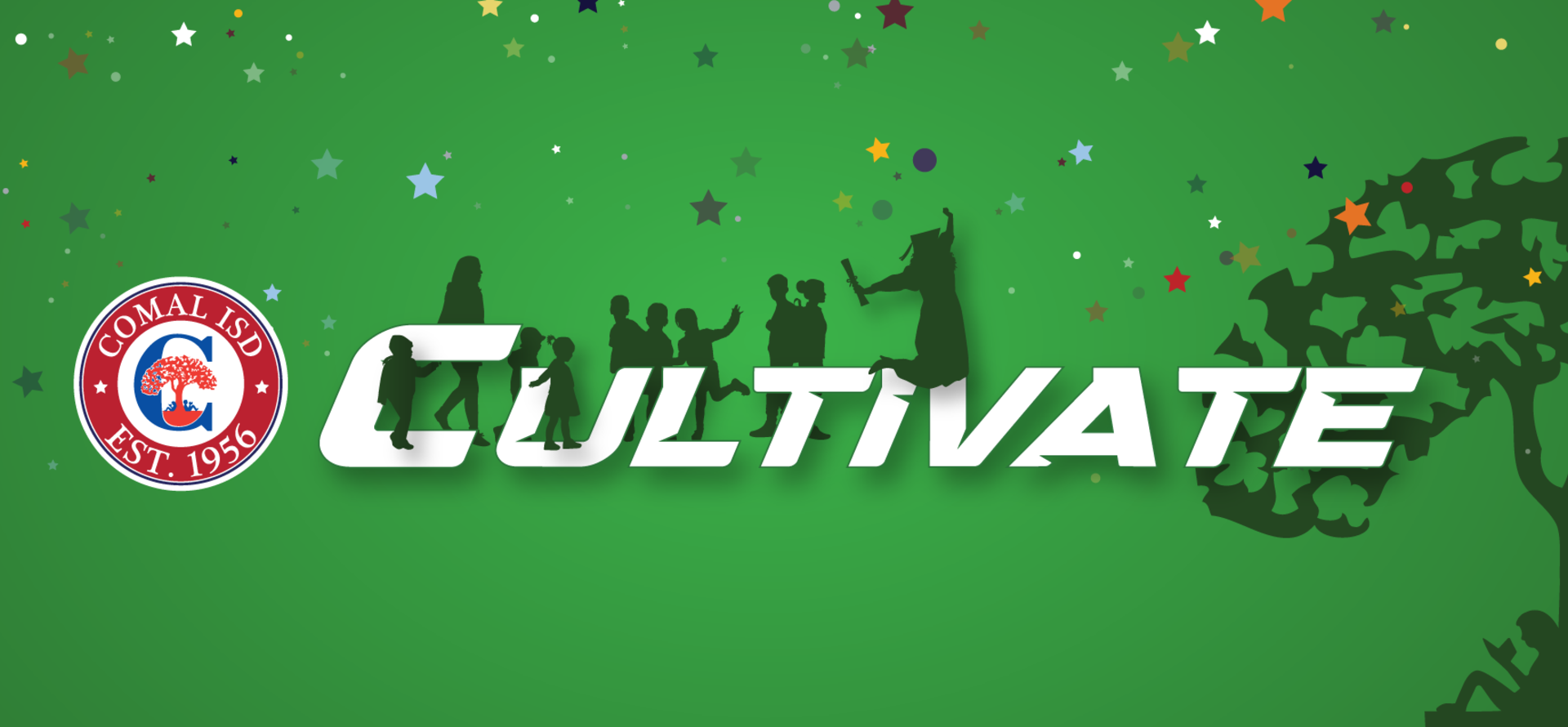 Silhouettes of children and adults against a green background with festive decorations.