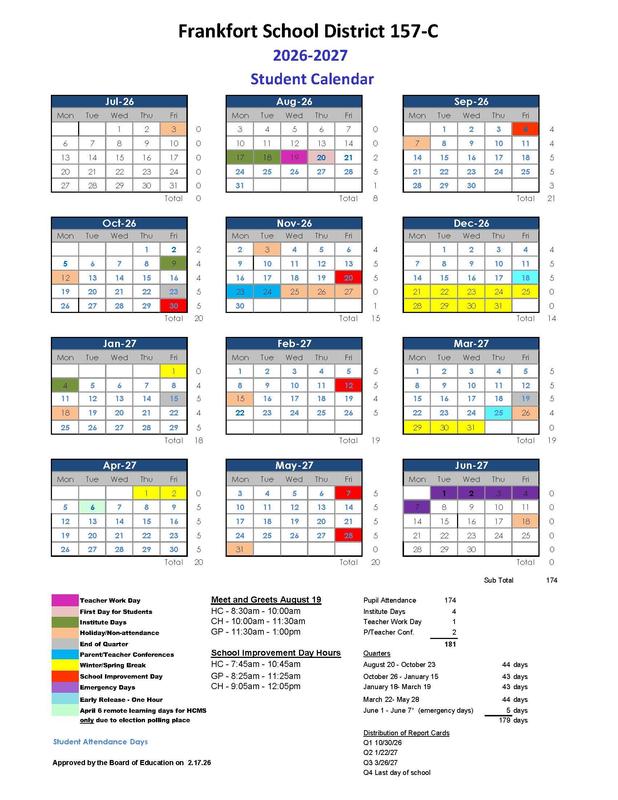 Student Calendar for 2026-2027 School Year