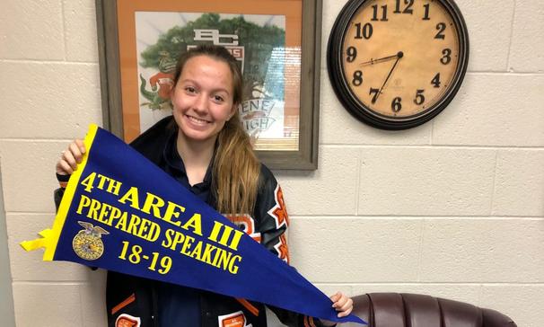 Victoria H. placed 4th at the FFA District Public Speaking Contest on December 4, 2018.
