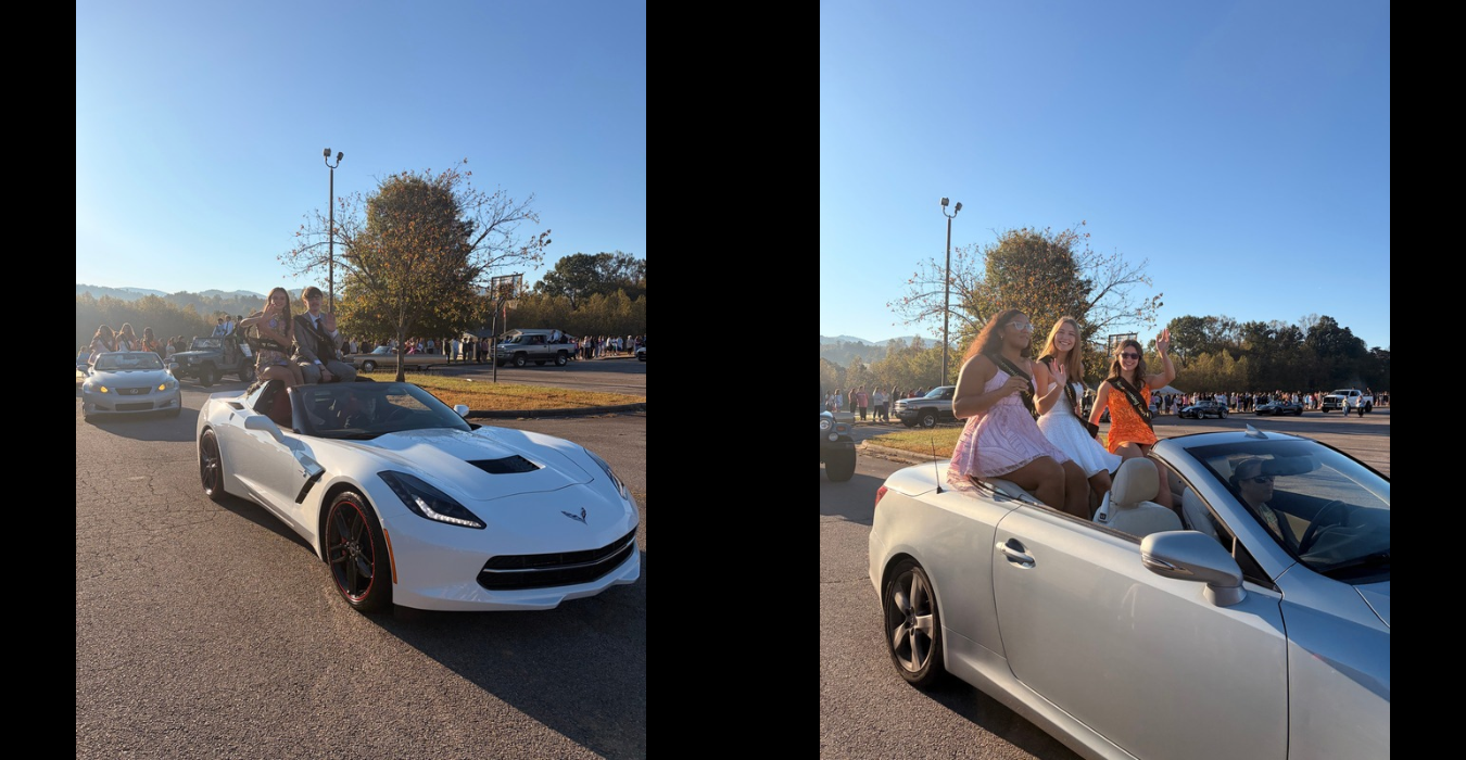 Three women joyfully sitting on a convertible car in a parking lot.