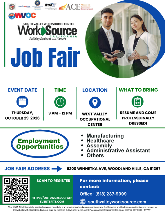 Job Fair on October 29. 9:00AM-12:00PM