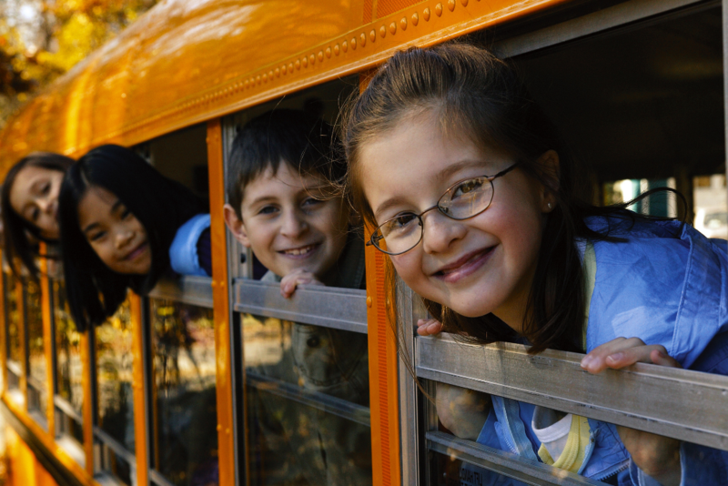 kids poking their heads out of the windows of a school bus