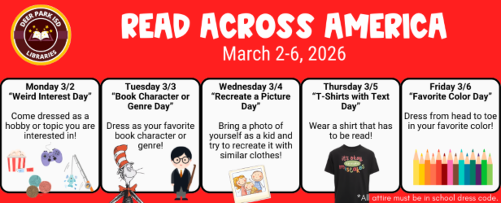 Event flyer for Read Across America featuring themed days and dates.
