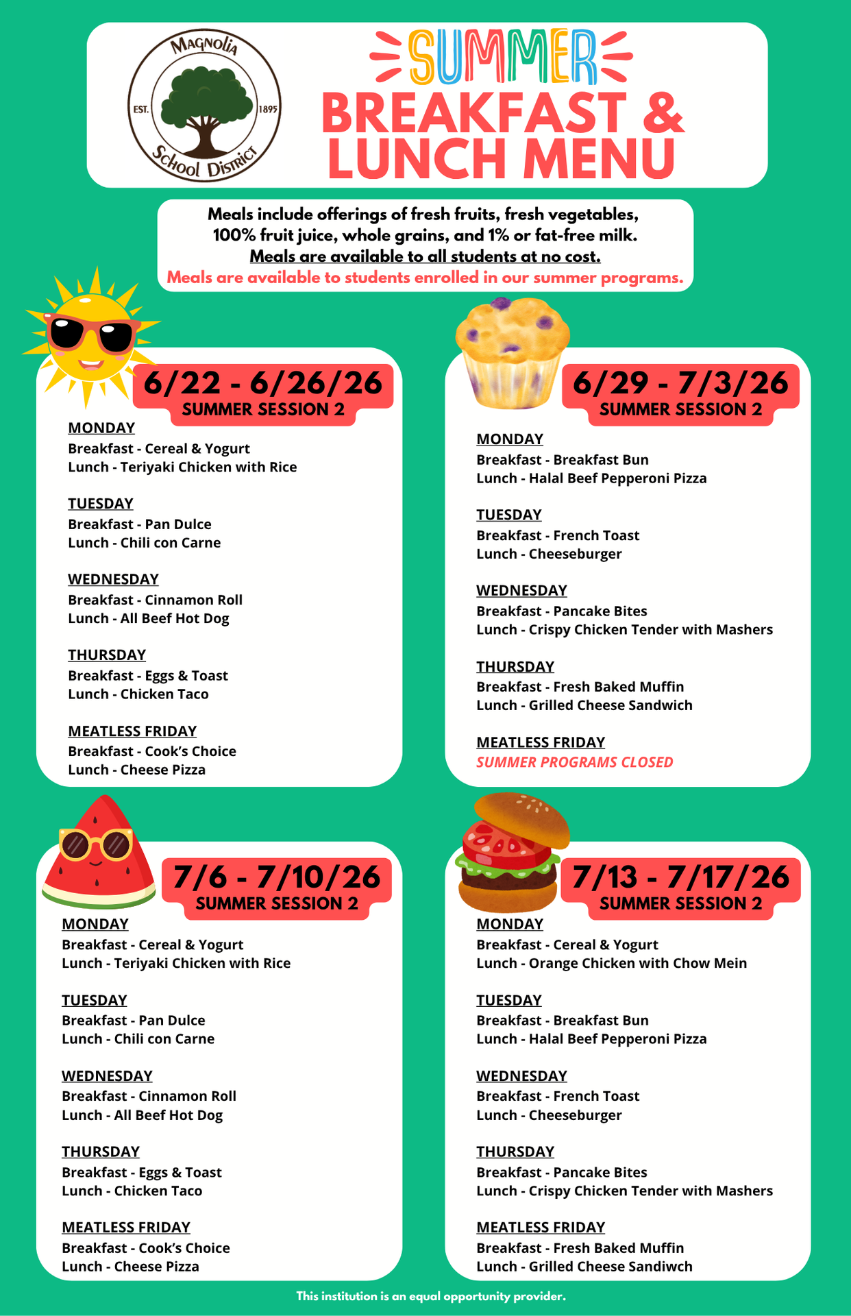 Session 2 Summer Breakfast and Lunch Menu -Updated