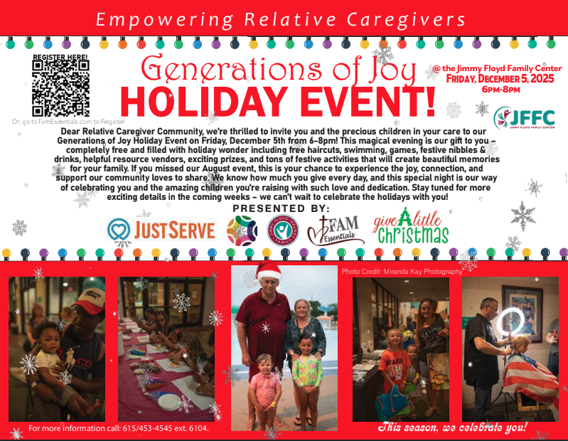 Christmas Decorated flyer with pictures of families and a QR code