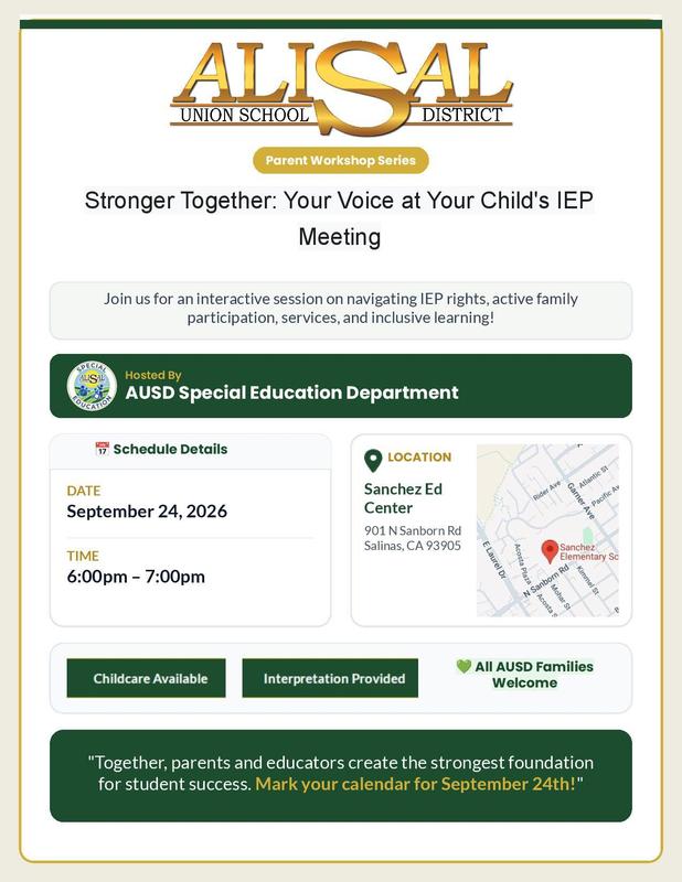 Graphic with details about Special Education Meeting on IEPs on Sept. 24, 2026 in Spanish