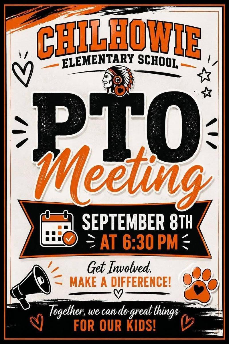 Orange and Black Flyer announcing the PTO meeting on September 8 at 6:30 in the CES Library