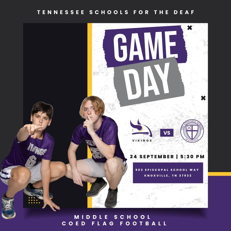 Two boys in purple jerseys pose for a game day announcement for flag football.