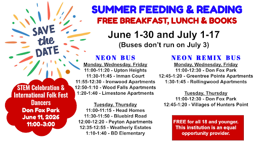 Summer feeding and reading schedule with fireworks graphic 