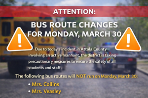 Emergency transportation alert graphic showing police lights, a school bus, and caution symbols, announcing that certain bus routes will not run on Monday, March 30, due to a safety incident in Attala County, and asking parents to provide transportation if possible.