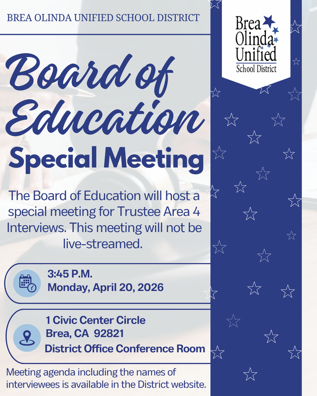 a decorative flyer with information on the Special Board meeting scheduled for April 20