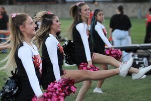Cheerleaders perform synchronized kicks while holding pom-poms.