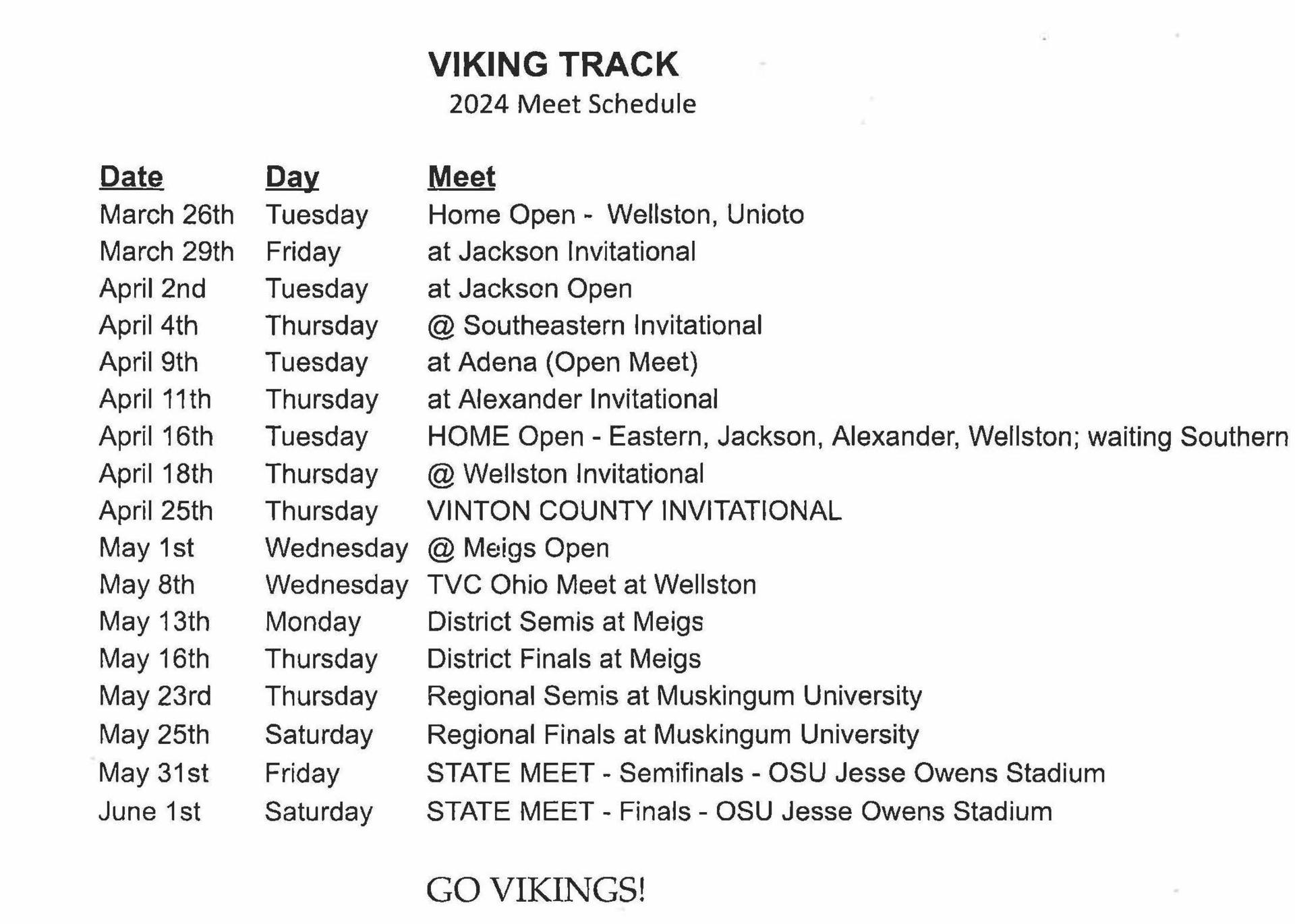 Meet Schedule Track and Field Vinton County Local School District