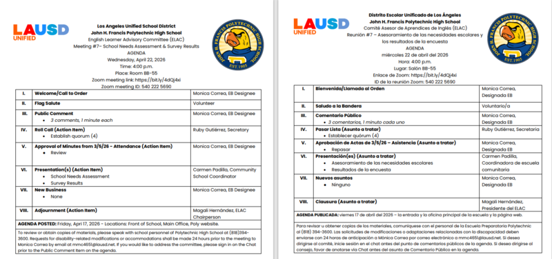 English Learner Advisory Committee (ELAC) - Wednesday, April 22, 2026 Featured Photo