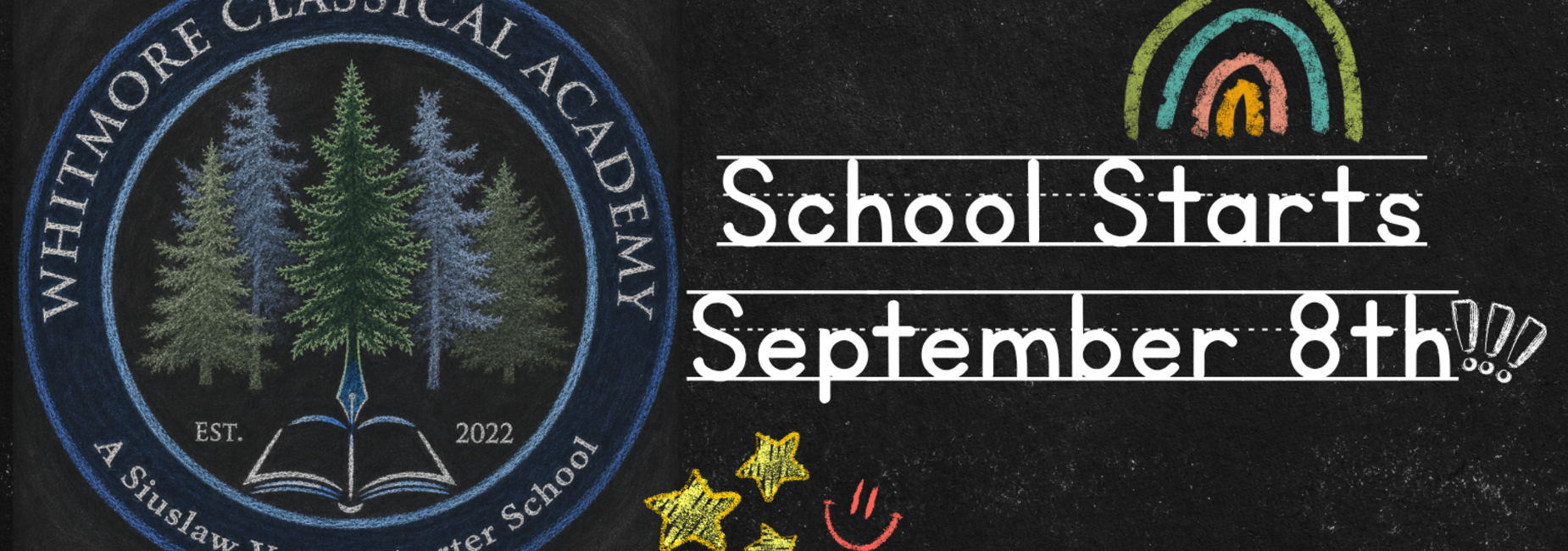 Logo of Whitmore Classical Academy with school start date and colorful decorations.