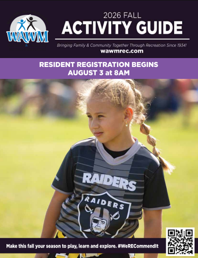 2026 Activity Guide Cover for the Fall Guide of a young girl playing flag football
