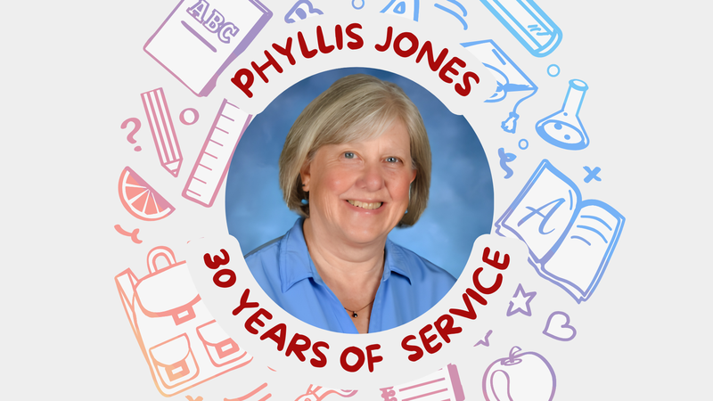 Smiling woman with light blue shirt and a circular decorative border celebrating 30 years of service.