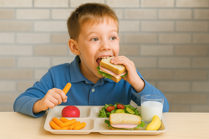 A child eats a healthy school lunch in a school cafeteria.