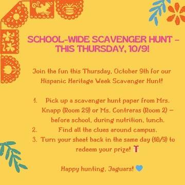 Join us on Thursday, 10/9, for our Hispanic Heritage Month Scavenger Hunt and celebrate the rich cultures of our community!