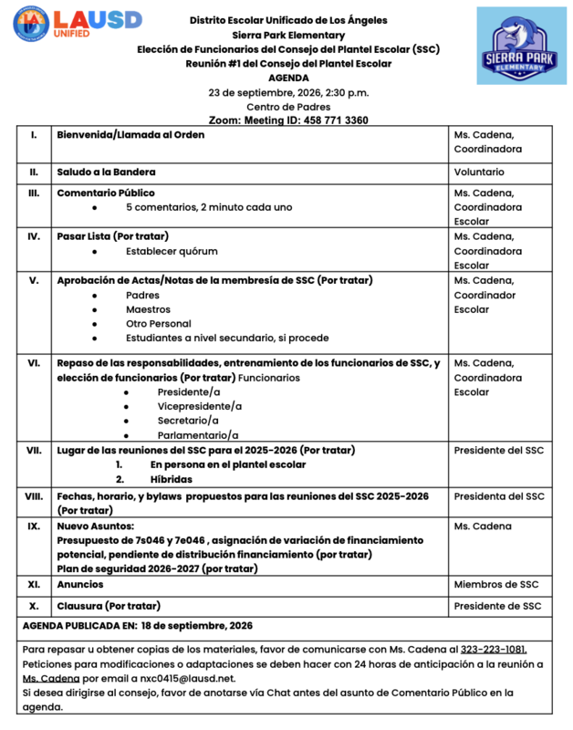 Agenda for meeting in Spanish