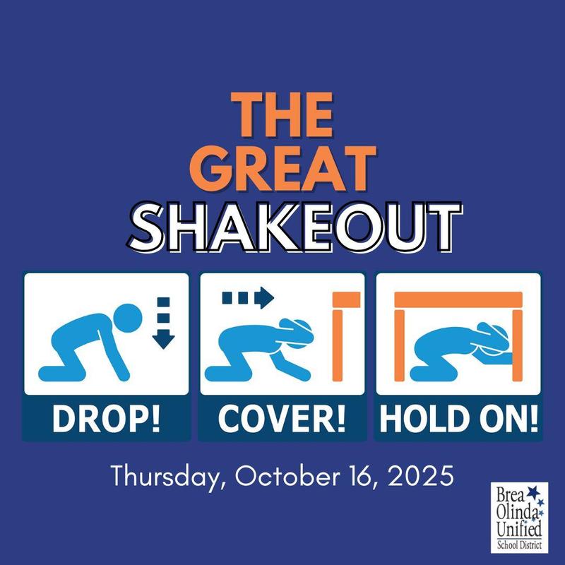 graphic with earthquake preparedness drop, cover and hold on technique