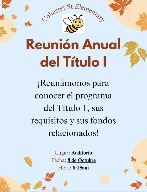 Volante azul anunciando la Reunión Anual del Título 1.