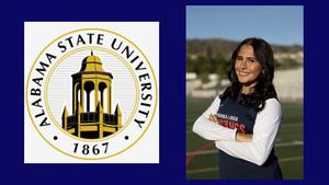 The image shows the Alabama State University logo beside a smiling woman with long dark hair, standing confidently on a sports field.