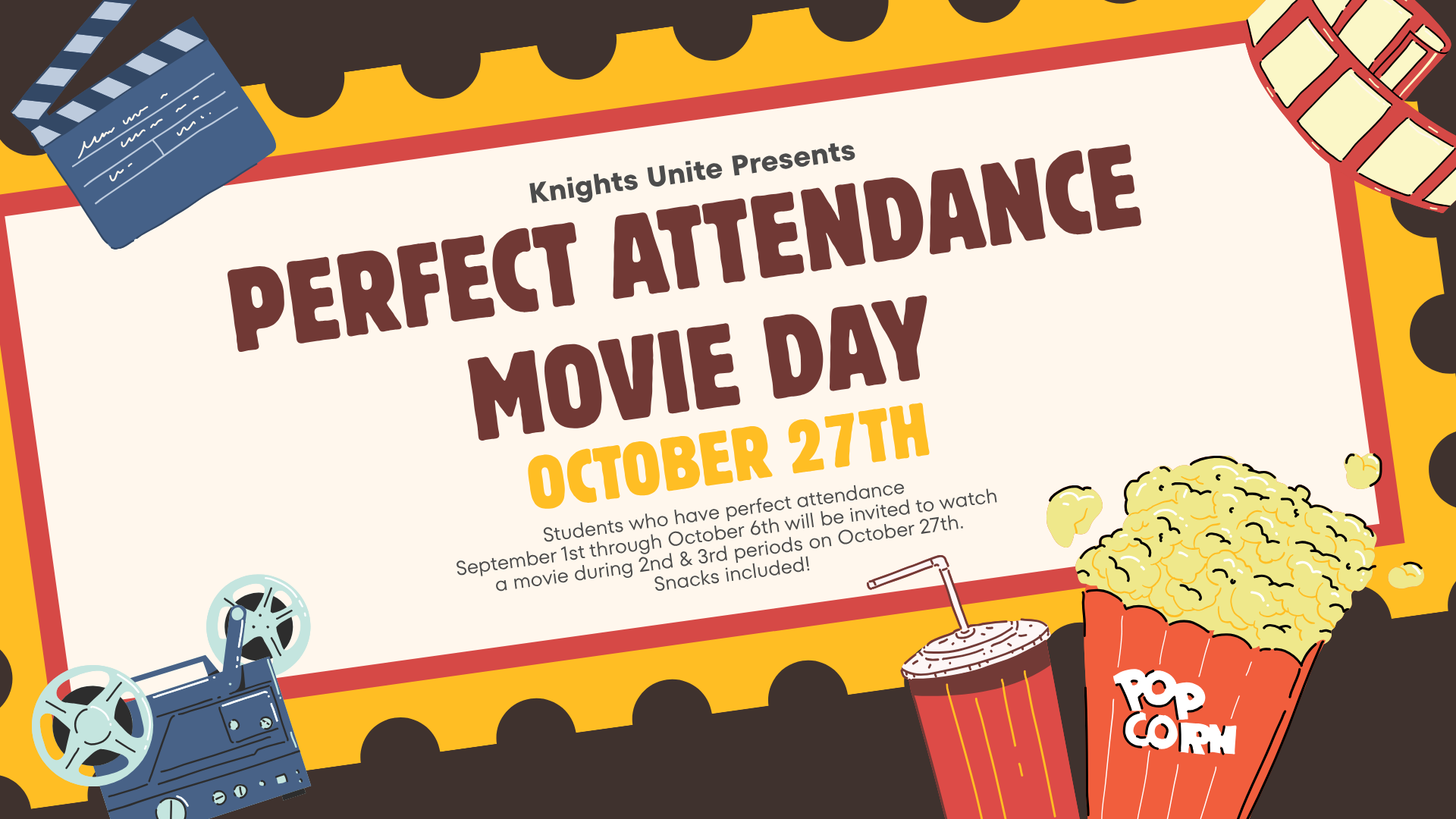 Movie day announcement with popcorn, film reels, and date details.