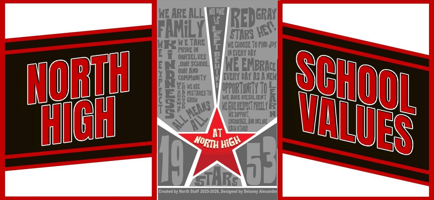 Signage displaying North High and its values alongside a star design.