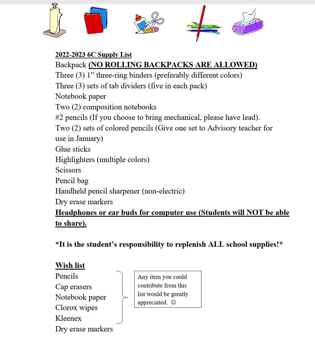 School Supplies/Wish List Kaitlyn Hill Blackman Middle School