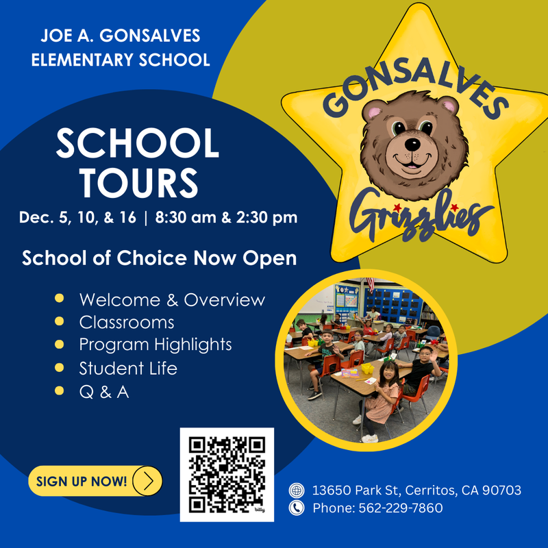 Gonsalves School Tours flier with QR code
