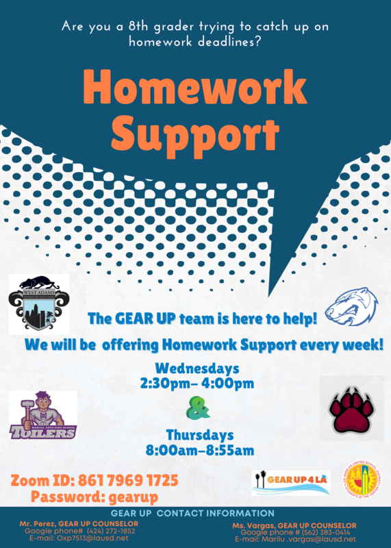 Gear Up Homework Support (Apoyo con la tarea) Wednesdays 2:30-4pm Thursdays 8am-8:55am Featured Photo
