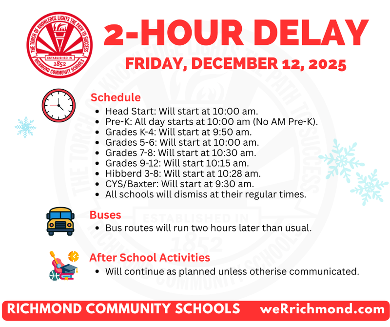 2-hour delay- Friday, December 12, 2025