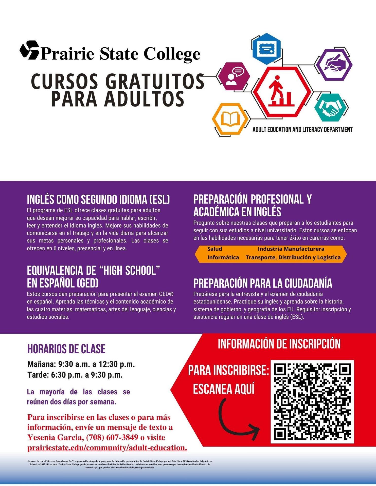 Prairie State College ESL Class flyer in spanish