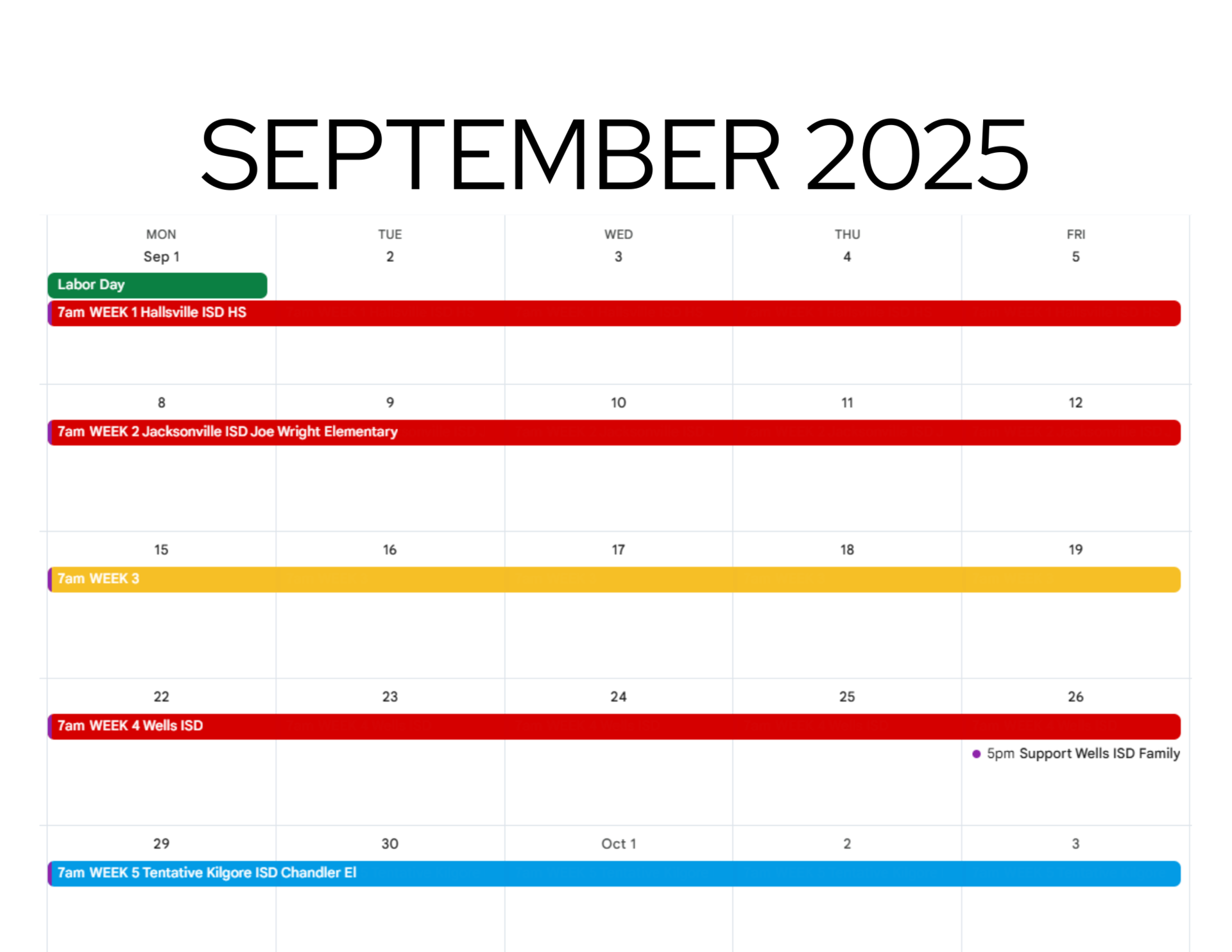 SEPTEMBER 2025 calendar.  All weeks are reserved except for Week 3, September 15 - 19.