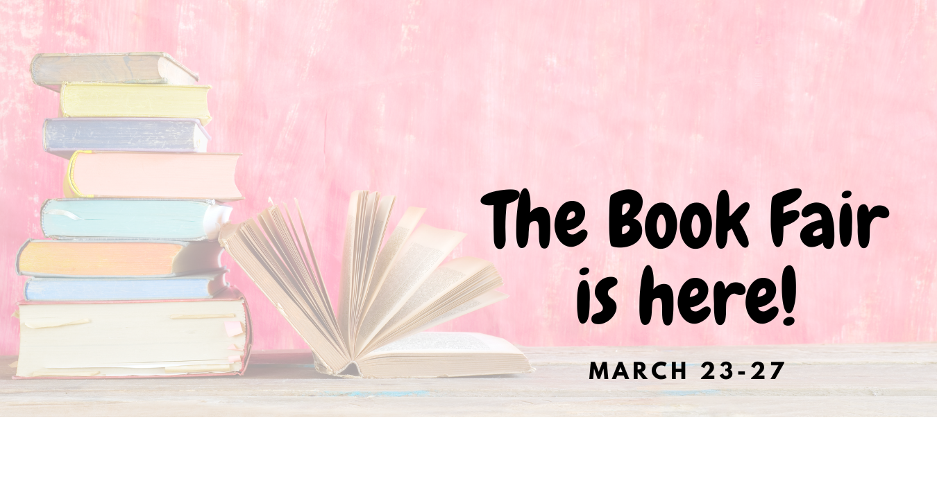 Open book next to a stack of colorful books and event details on a pink background.