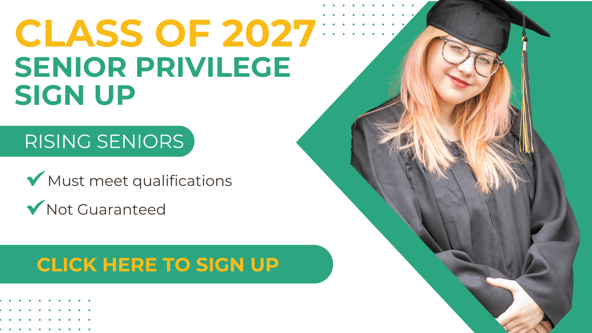 Graduating senior wearing a cap and gown near a sign-up announcement.