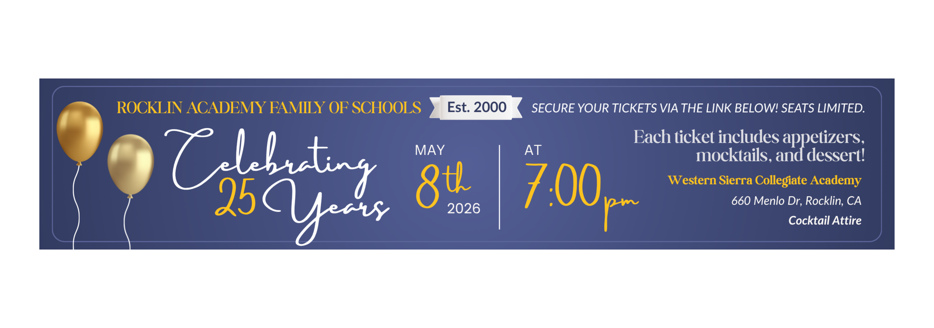 Banner for 25th anniversary celebration of Rocklin Academy.