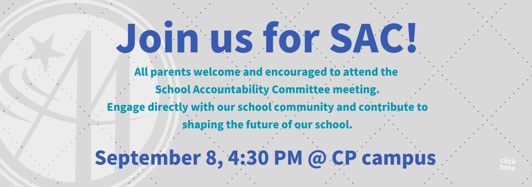 Invitation to School Accountability Committee meeting on September 8 at CP campus.