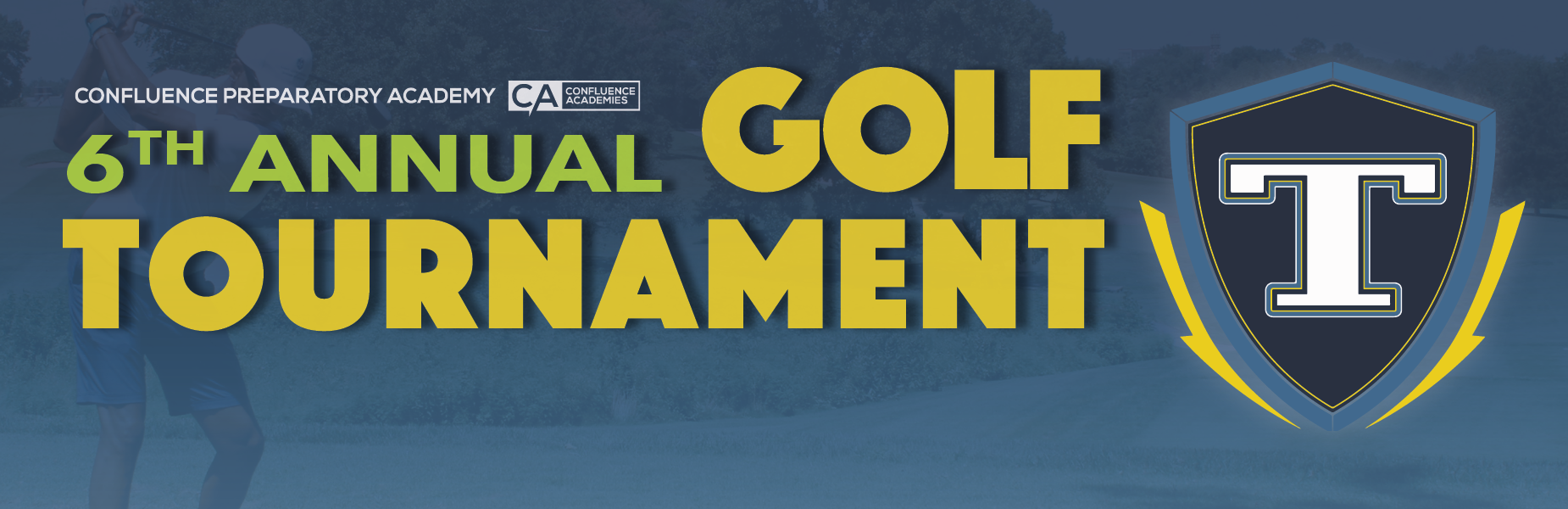 Banner for the 6th Annual Golf Tournament with logo and bright text.