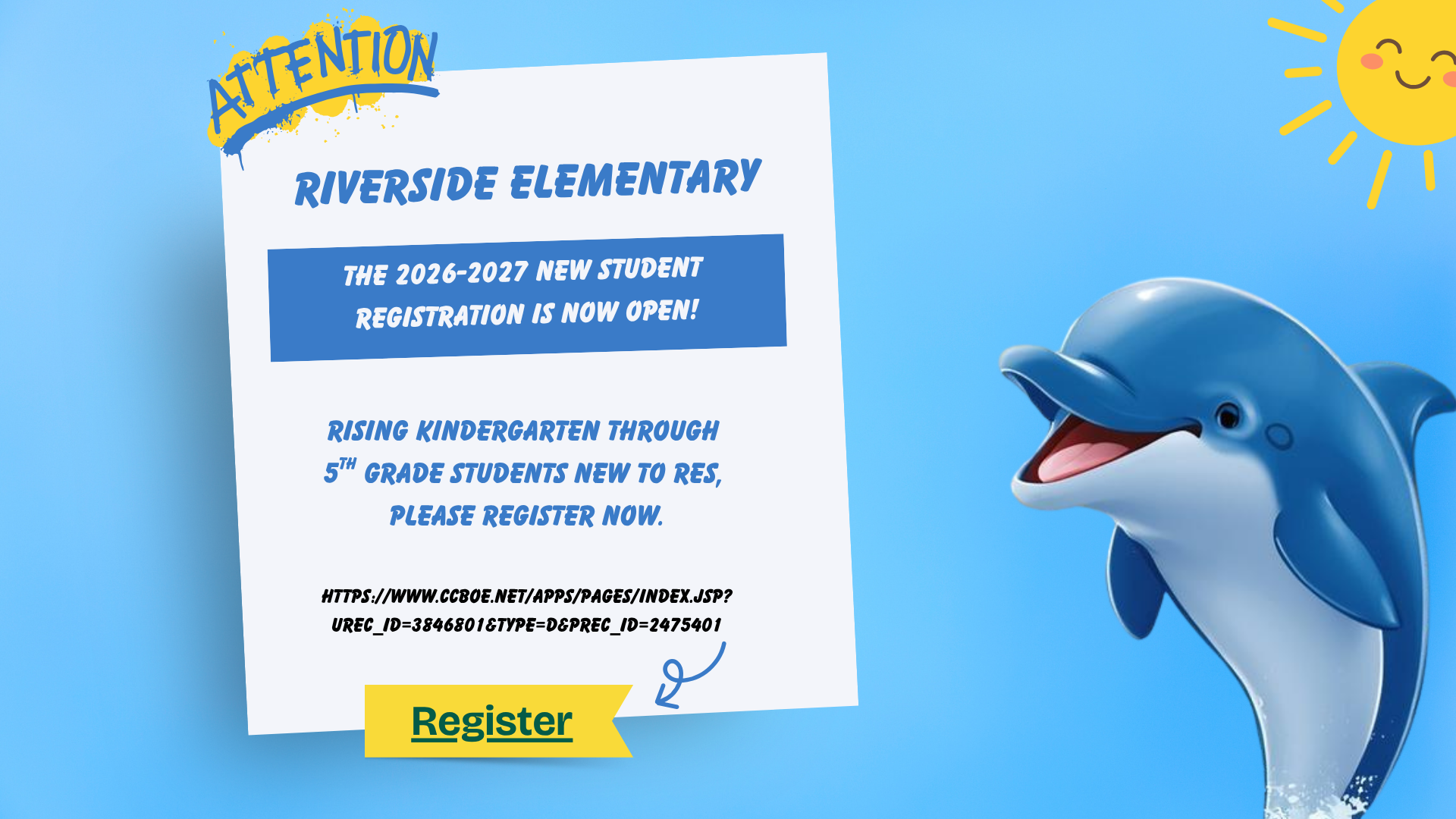 Announcement for Riverside Elementary student registration with a dolphin graphic.