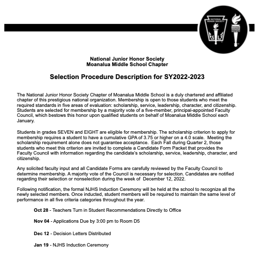 National Junior Honor Society - Selection Description Featured Photo